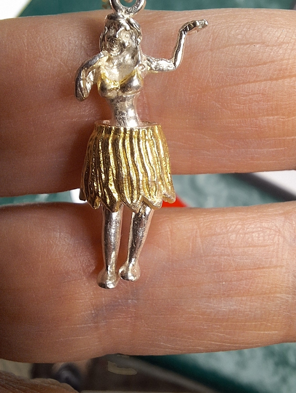 Vintage 925 Sterling Silver Hula Girl Pendant with Gold Plated Skirt. Wiggles.